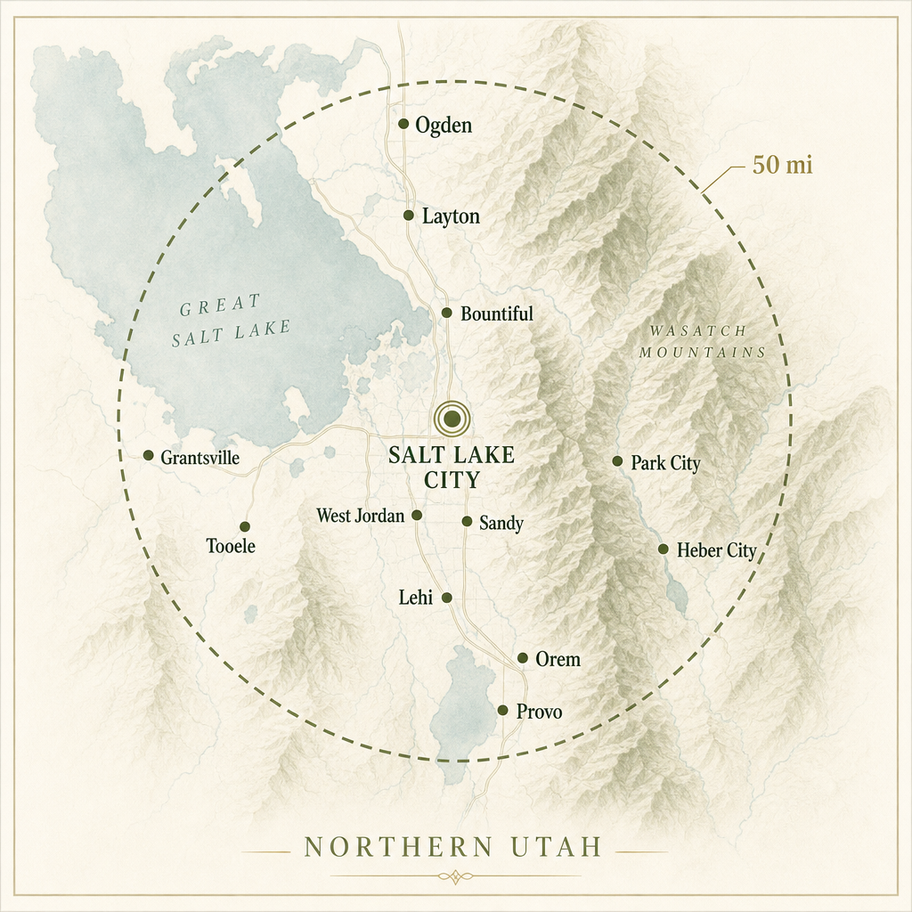 Map of Northern Utah showing a 50-mile service radius around Salt Lake City, including Ogden, Layton, Bountiful, West Jordan, Sandy, Lehi, Orem, Provo, Park City, Heber City, Tooele, and Grantsville.